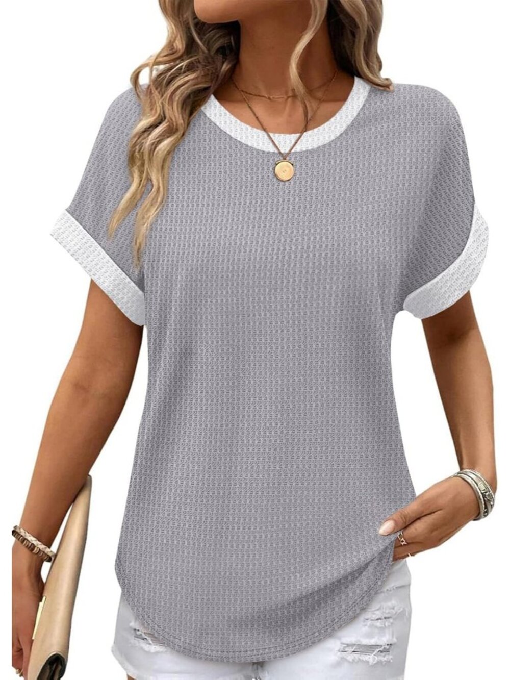 Women's Unique Grey Polyester Blend Short Sleeve V Neck Pull On Henley Shirts